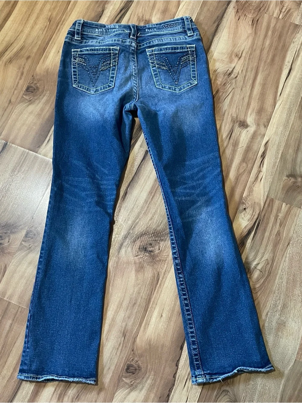 Vigoss Slim Bootcut Jeans Blue Distressed Whiskered Embroidered V-Pocket Size 8